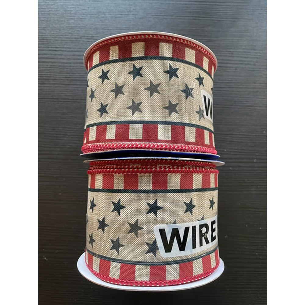 Two Spools Place & Time Patriotic Ribbon Tan, Red & Black for 4th of July Decor
